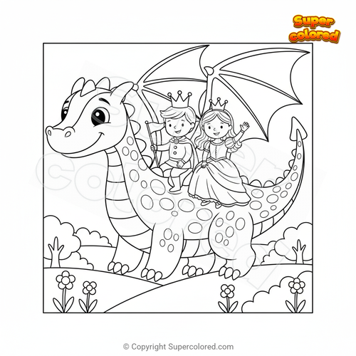 Ausmalbild Drache mit Prinz und Prinzessin - Supercolored.com